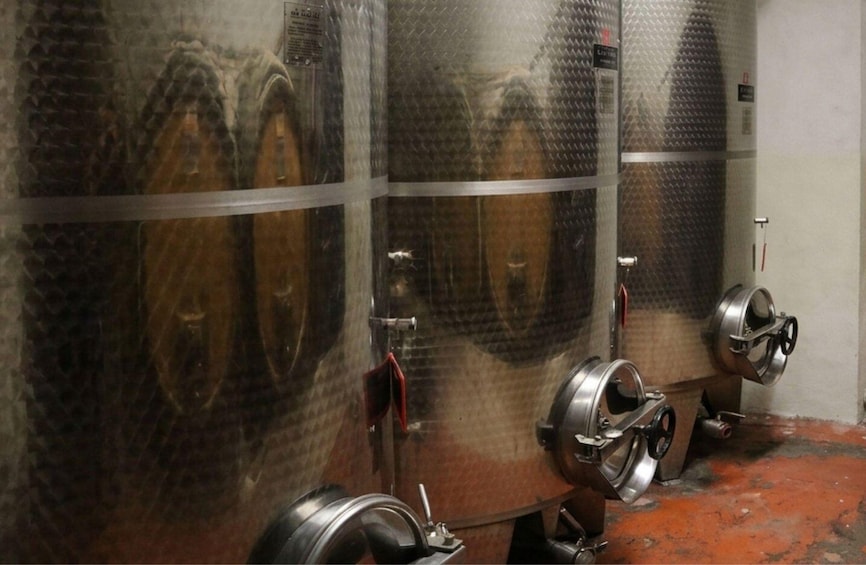 Stainless steel fermentation tanks with valves, set against a brick wall. 3