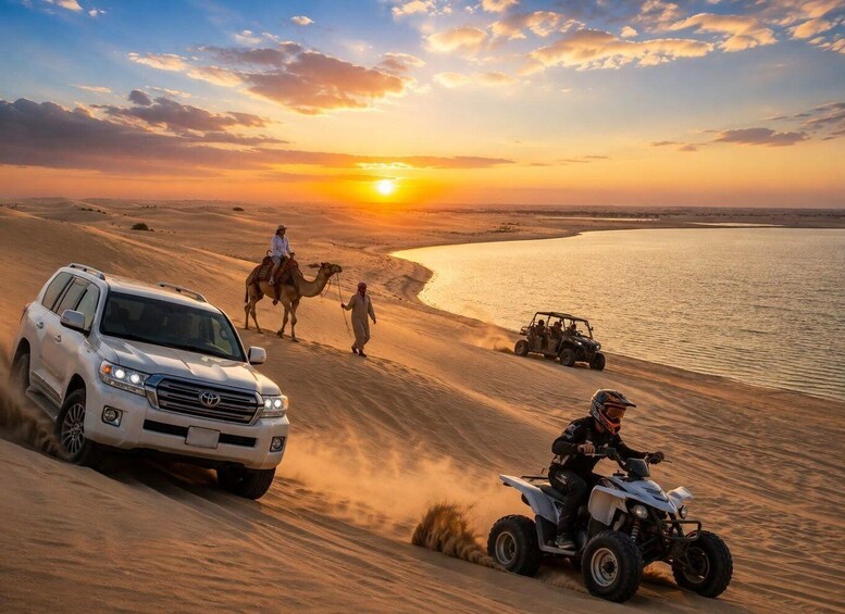 A desert landscape with a sunset, a white SUV, a camel, a person on a quad bike, and a dune buggy. 1