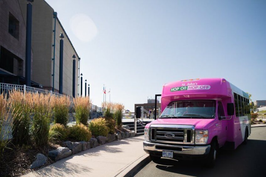 A pink bus parked on a street with a building and a flagpole in the background. 4