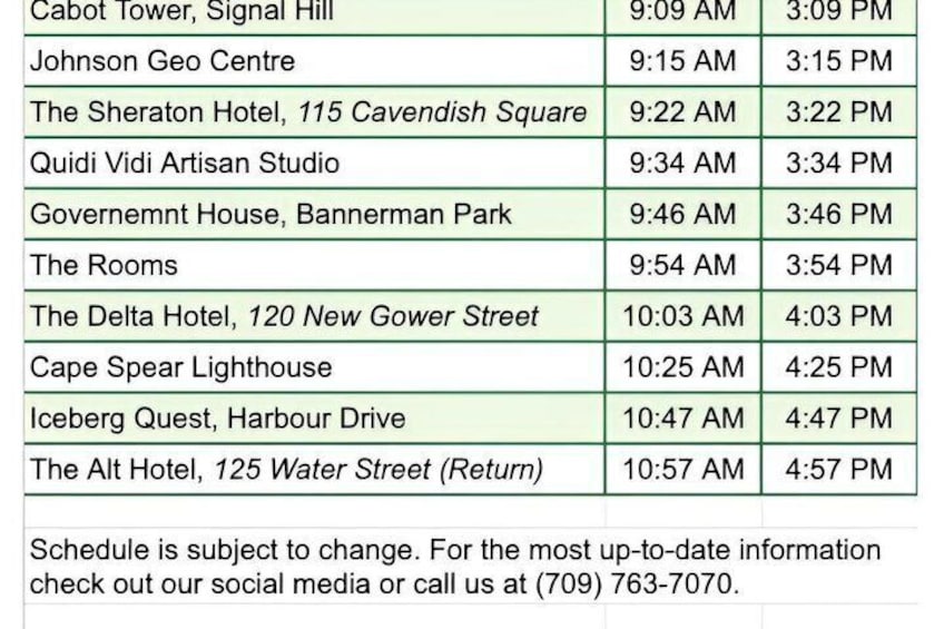 A schedule of tour times and locations. 2