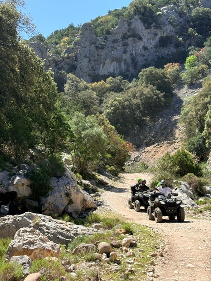A group of people on quad bikes on a rocky trail surrounded by trees and cliffs. 3