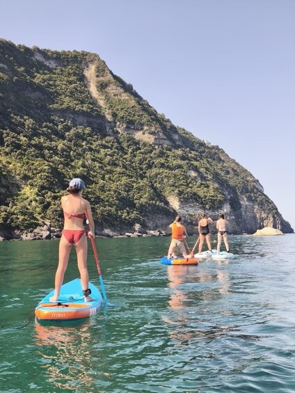 People paddleboarding on calm water with a mountainous backdrop. 4