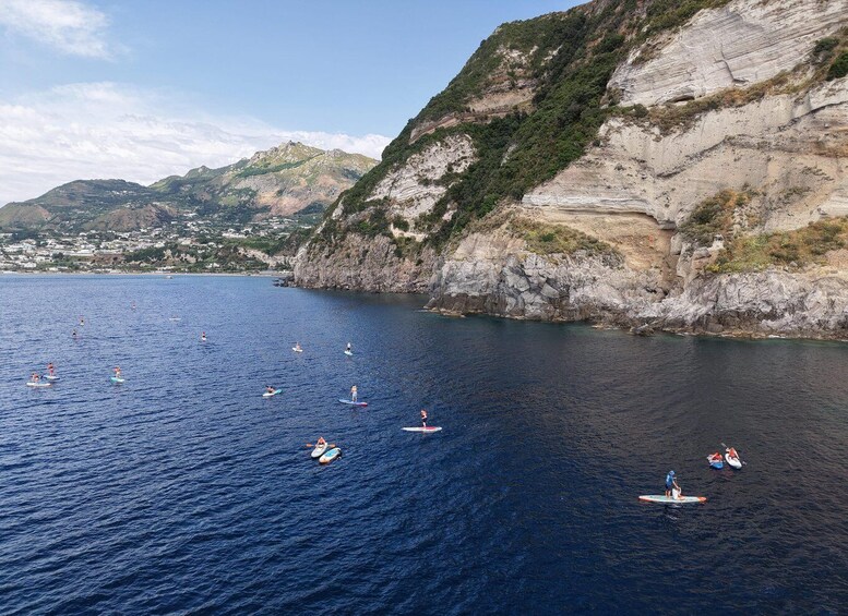 A coastal area with people paddleboarding on calm waters, surrounded by rocky cliffs and a distant town. 5