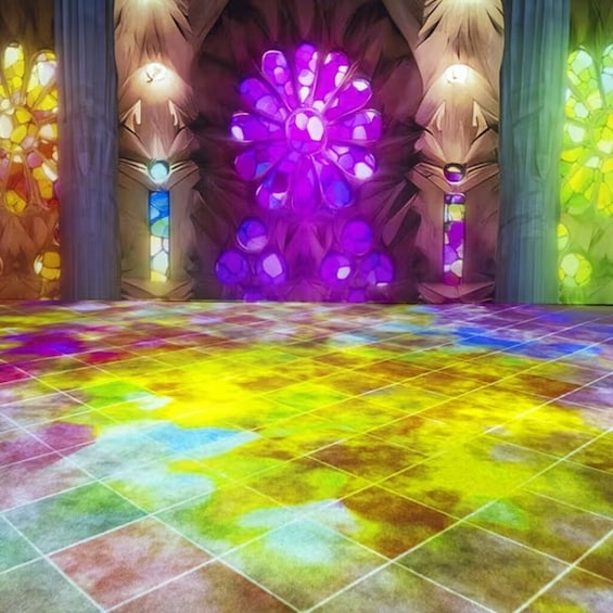A colorful stained glass window with a geometric pattern. 3