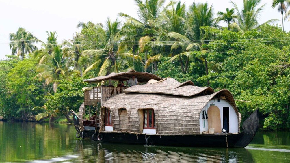 A houseboat on water surrounded by lush greenery and palm trees. 1