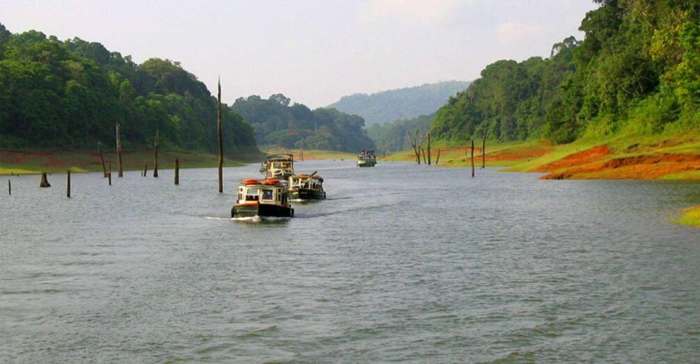 A river with boats and a forested landscape. 3