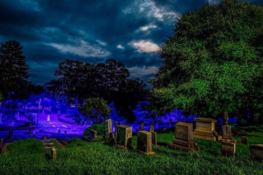 A cemetery with headstones and trees under a cloudy sky. 4