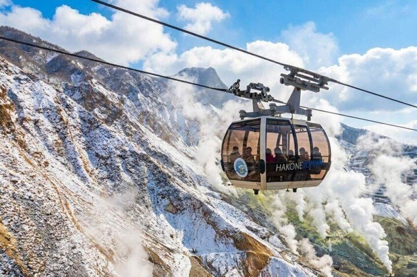 A cable car with passengers, a snowy mountain, and clouds. 2