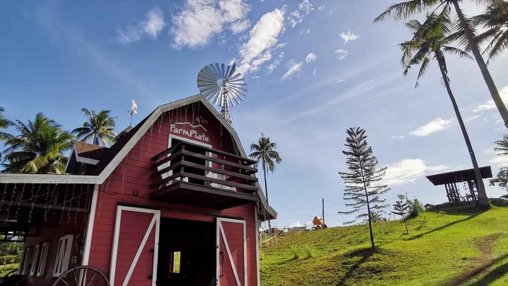 A red barn with a windmill and palm trees in the background. 4