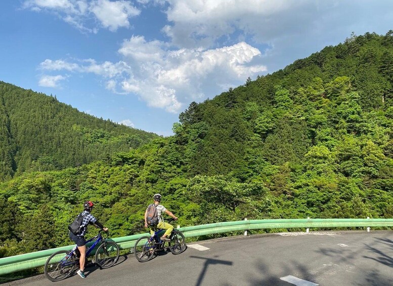Two cyclists on a paved road with a green guardrail, surrounded by lush green hills. 4