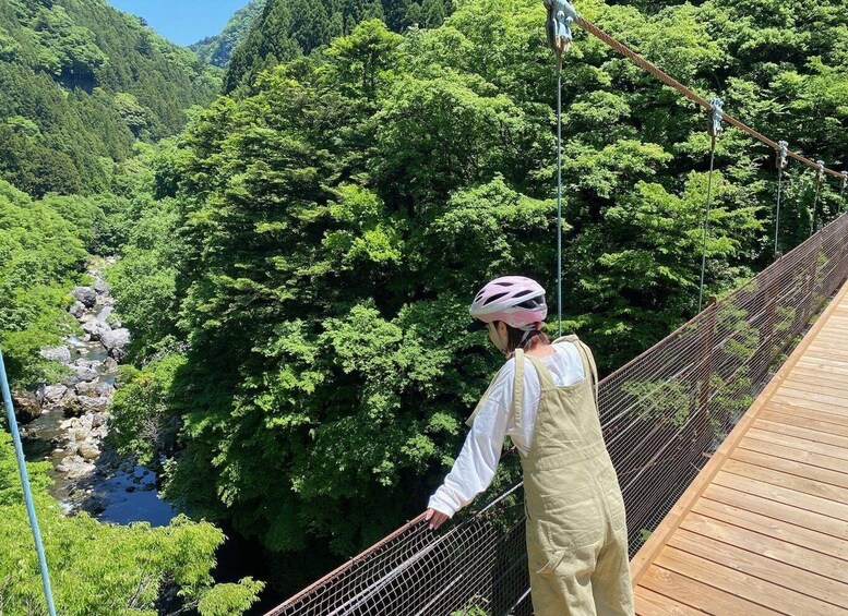 A person on a suspension bridge with a forested valley below. 3