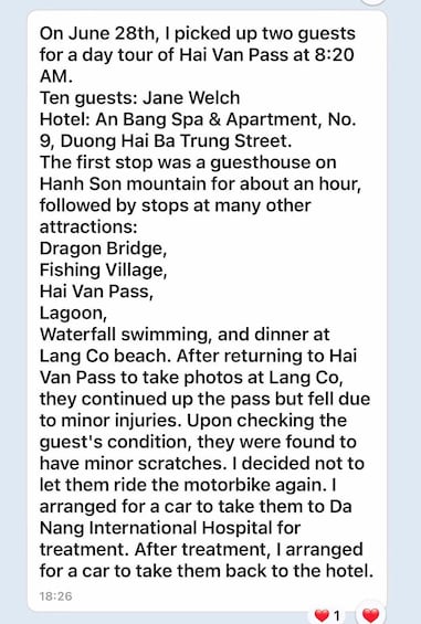 A text message detailing a day tour of Hai Van Pass with stops at various attractions. 2