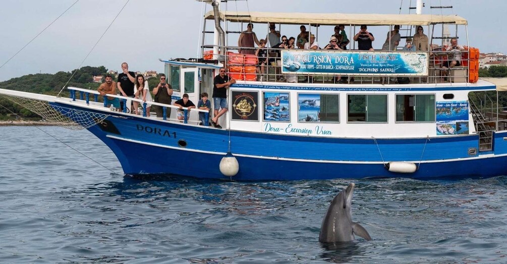 A blue boat named DORA1 with people on board and a dolphin in the water. 1