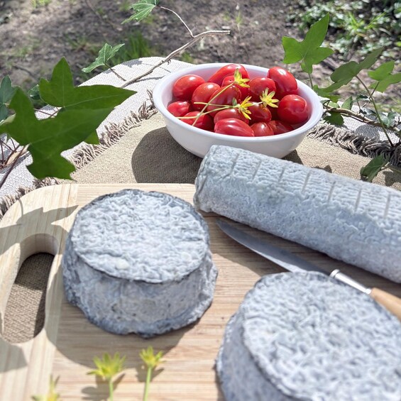 A wooden cutting board with a cheese wheel, a knife, and a bowl of cherries on a cloth outdoors. 5