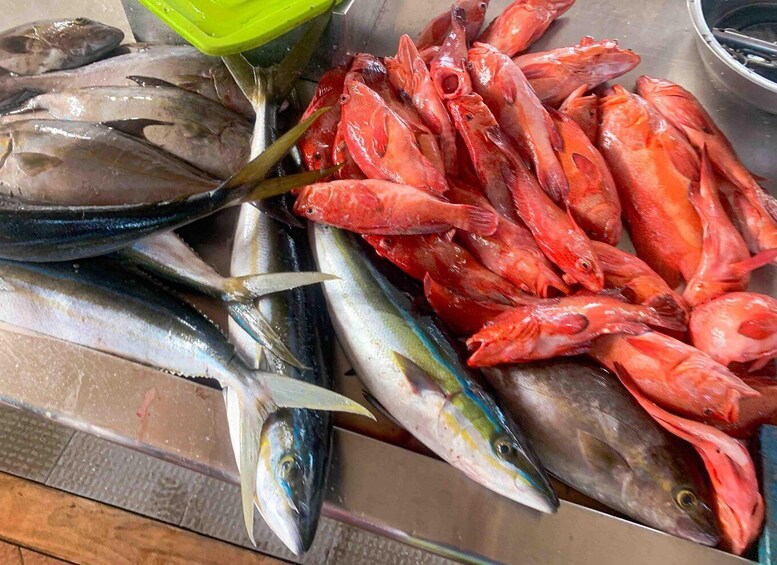 A variety of fresh fish displayed on a metal surface. 5