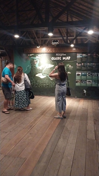 A wooden floor with a green informational display about a guide map. 5