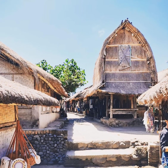 A traditional village street with thatched-roof houses and a large wooden building. 4