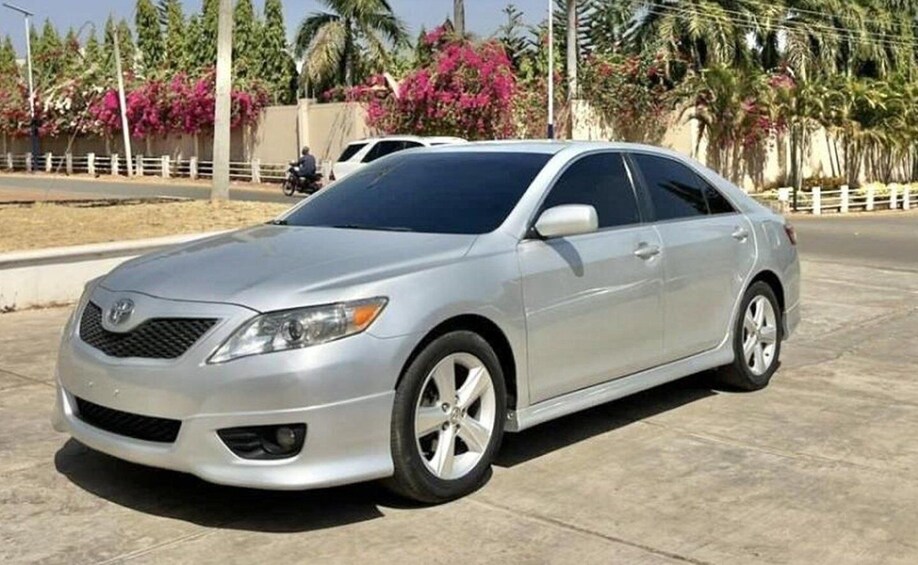 A silver sedan parked on a paved area with palm trees and pink flowers in the background. 1