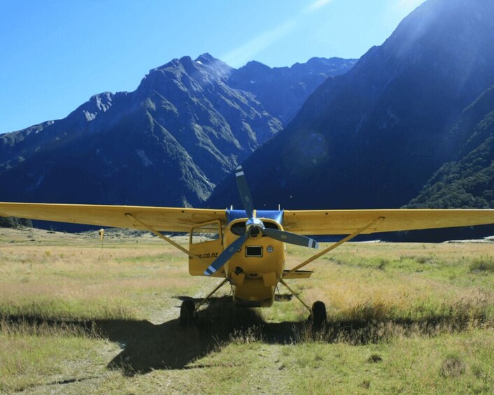 A yellow seaplane parked on a grassy field with mountains in the background. 3