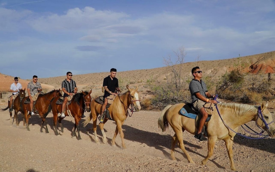 A group of people riding horses on a dirt path in a desert landscape. 4