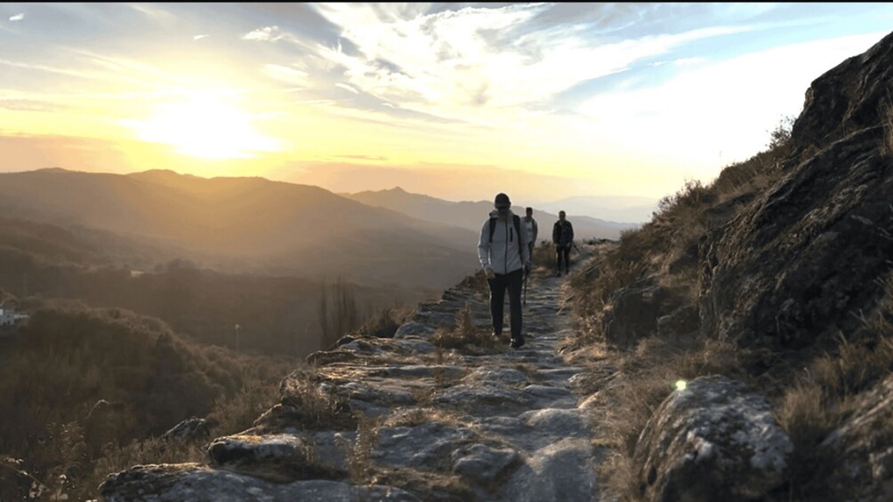 A mountainous landscape with a rocky path and hikers. 3