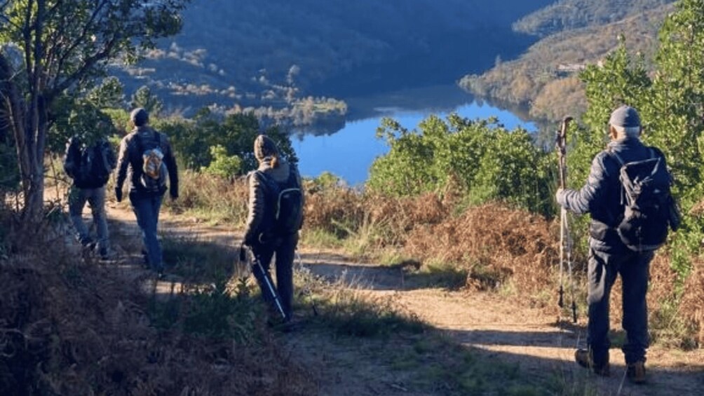 A group of hikers on a trail with a lake and hills in the background. 2