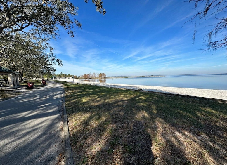 A lakeside park with a walking path, benches, and trees. 5