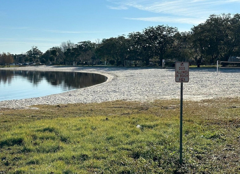 A lake with a sandy beach, a grassy area in the foreground, and a sign prohibiting dogs in the beach area. 3