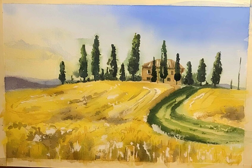 A landscape with rolling hills, a winding path, and a row of tall trees. 1