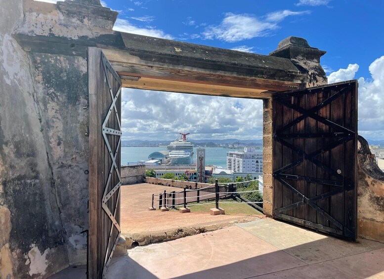 A view of a harbor with a cruise ship and buildings in the background. 4