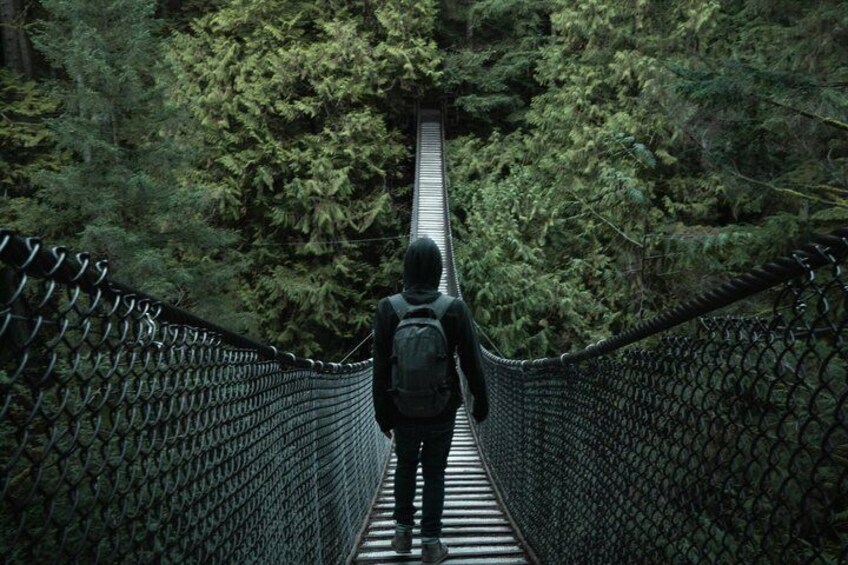 A person walking on a suspension bridge surrounded by dense forest. 4