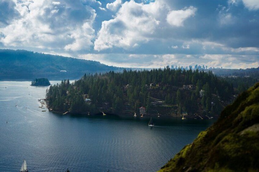 A coastal landscape with a forested island, a body of water, and a distant city skyline. 5