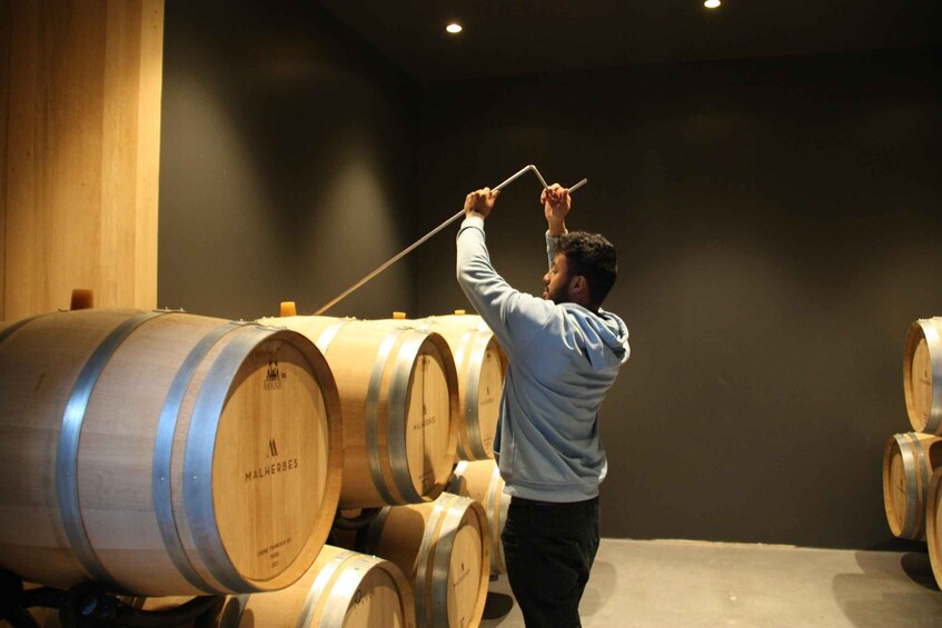 A person inspecting wooden wine barrels in a dimly lit room. 2