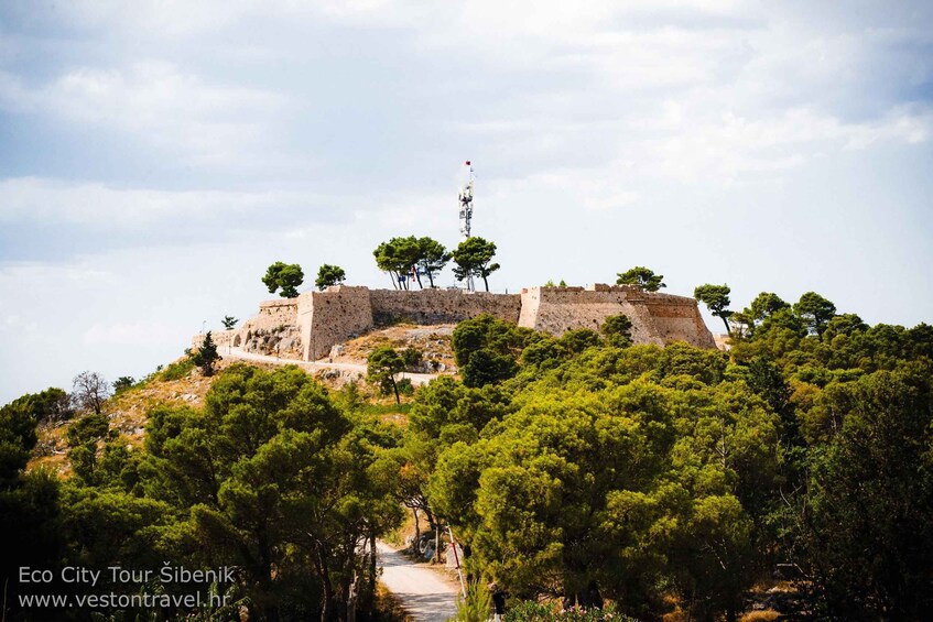 A historical stone fortress on a hill with a clear sky. 5