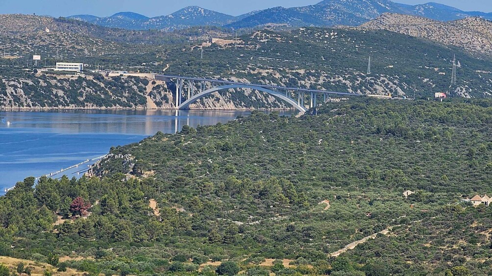 A coastal landscape with a bridge, dense greenery, and mountains in the background. 2