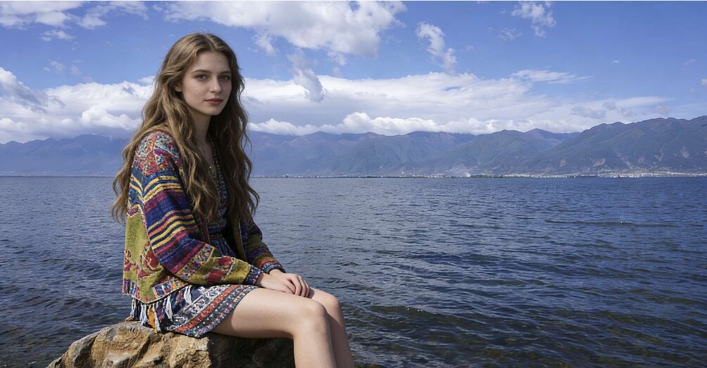 Une personne assise sur un rocher au bord d’un lac, avec des montagnes en arrière-plan. 1