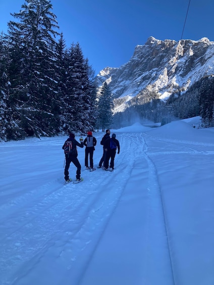 Three people snowshoeing on a snow-covered path with a mountain backdrop. 4