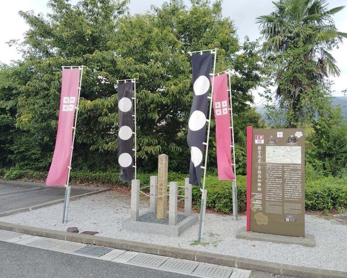 A street with three vertical banners, a signboard, and a palm tree in the background. 3