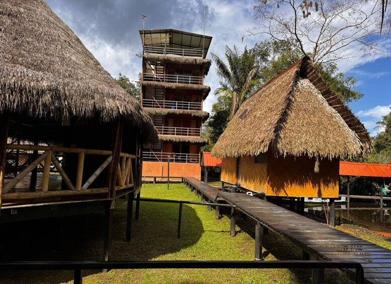 A thatched-roof building with a wooden deck and a multi-story structure with a metal roof. 4