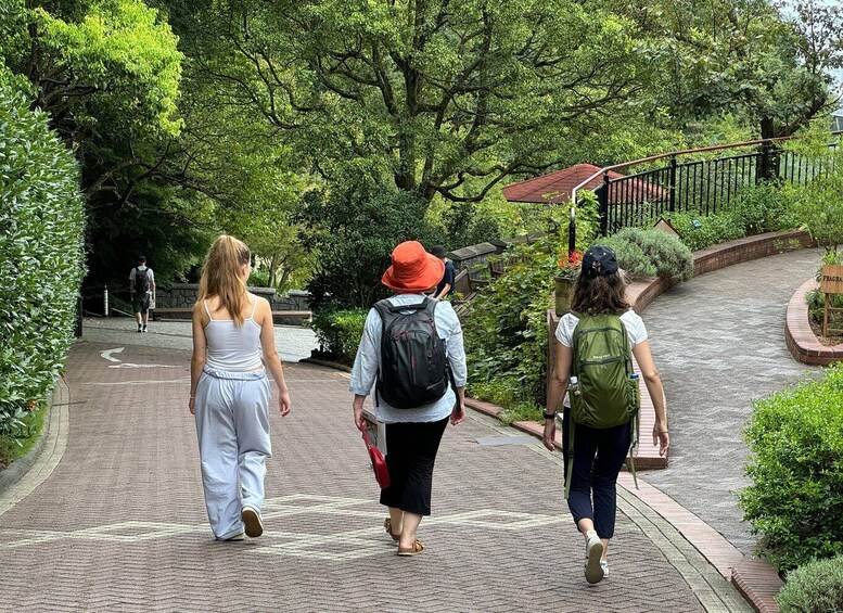 A pathway surrounded by lush greenery, with people walking and a signboard visible. 4