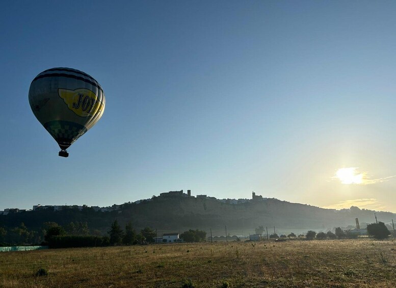 A hot air balloon with the word 'JOY' on it flying over a landscape with a hill and buildings in the background. 3