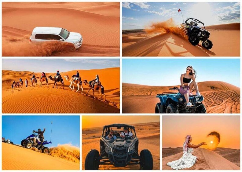 A white SUV, a black ATV, a group of people on camels, a blue ATV, a person on a dune, and a sunset. 1
