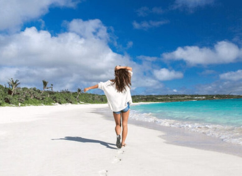A person walking on a white sandy beach with turquoise water and palm trees in the background. 1