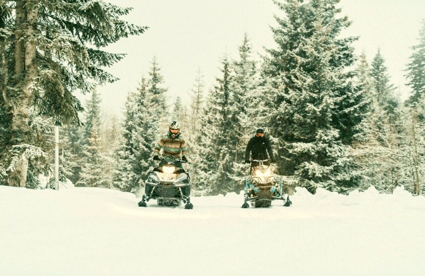 Two people on snowmobiles in a snowy forest. 3