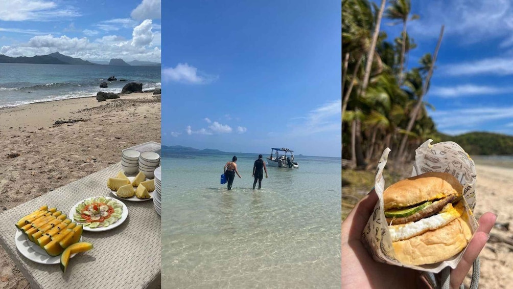 A beach with a boat, people walking, and food. 4