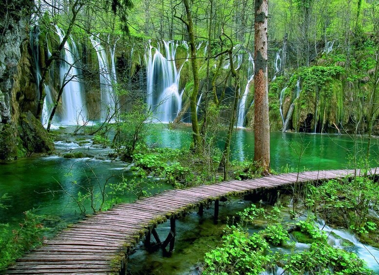 A wooden bridge over a clear green river with multiple waterfalls in a forested area. 1