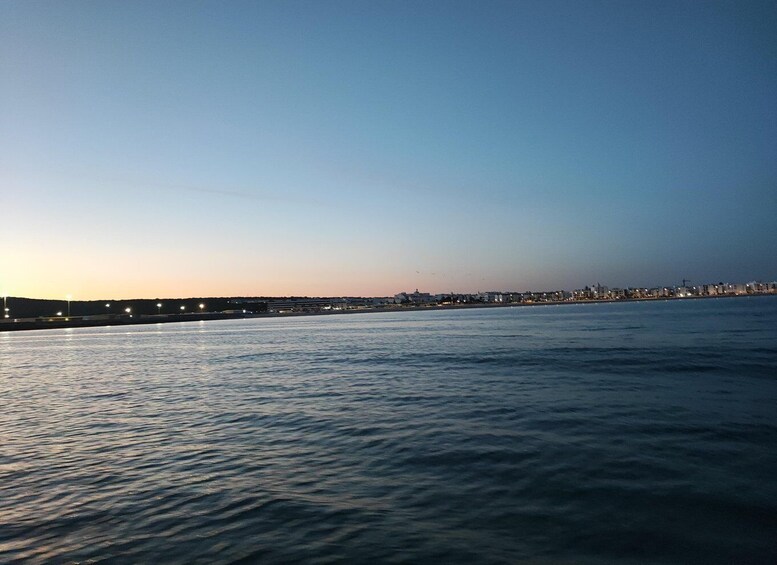 A calm body of water with a city skyline in the distance under a clear sky. 4