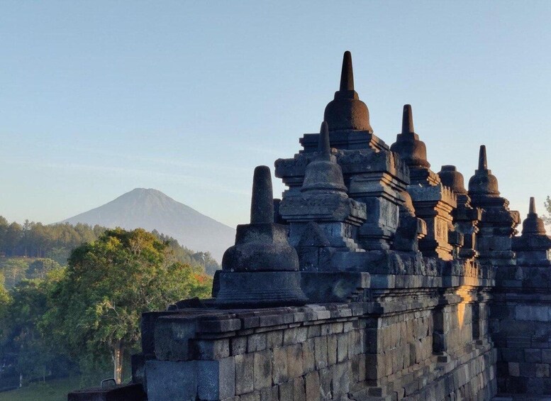A temple with multiple spires, a mountain in the background, and a forested area. 4