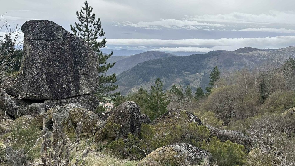 A mountainous landscape with prominent rock formations and scattered trees. 3