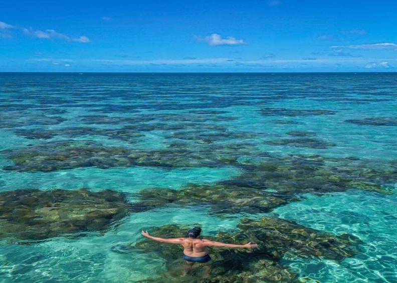 A person snorkeling in clear blue water with visible underwater rocks. 1